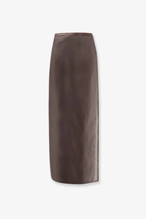 R2w women’s amora linen skirt brown sleek straight-cut satin midi with subtle sheen and side slit