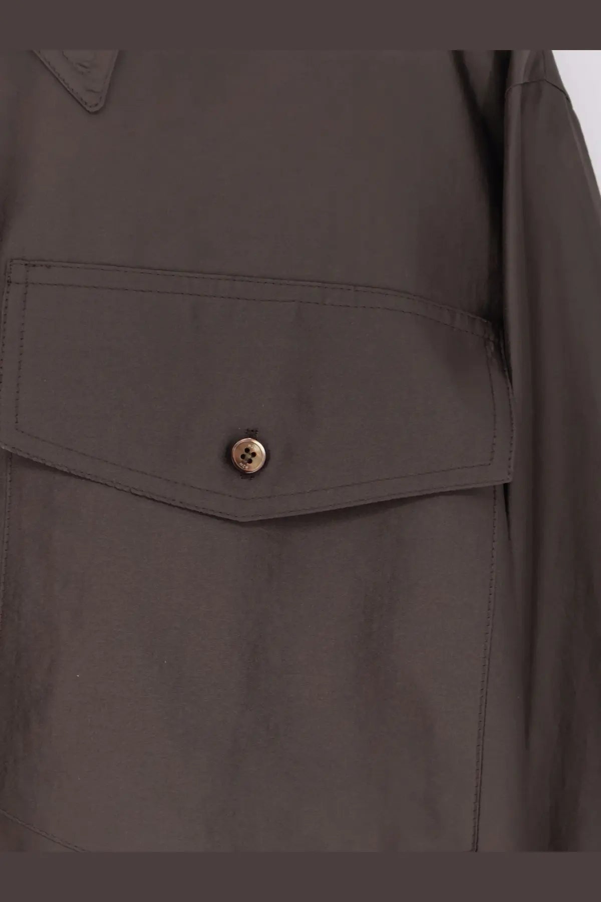Dark olive green trench coat with single button chest pocket closure in r2w womens amora organza shirt brown collection