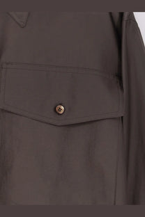 Dark olive green trench coat with single button chest pocket closure in r2w womens amora organza shirt brown collection