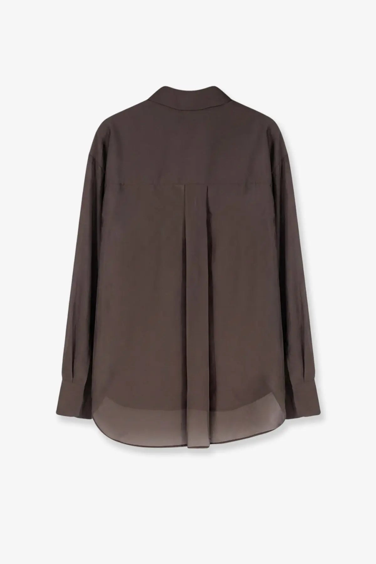 R2w women’s amora organza shirt brown showing back view of dark brown silk blouse with subtle sheen and elegant pleats
