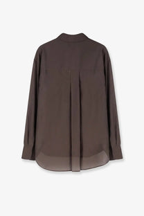 R2w women’s amora organza shirt brown showing back view of dark brown silk blouse with subtle sheen and elegant pleats
