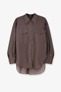 R2W women’s Amora oversized brown button-up shirt with chest pockets and sheer organza hemline