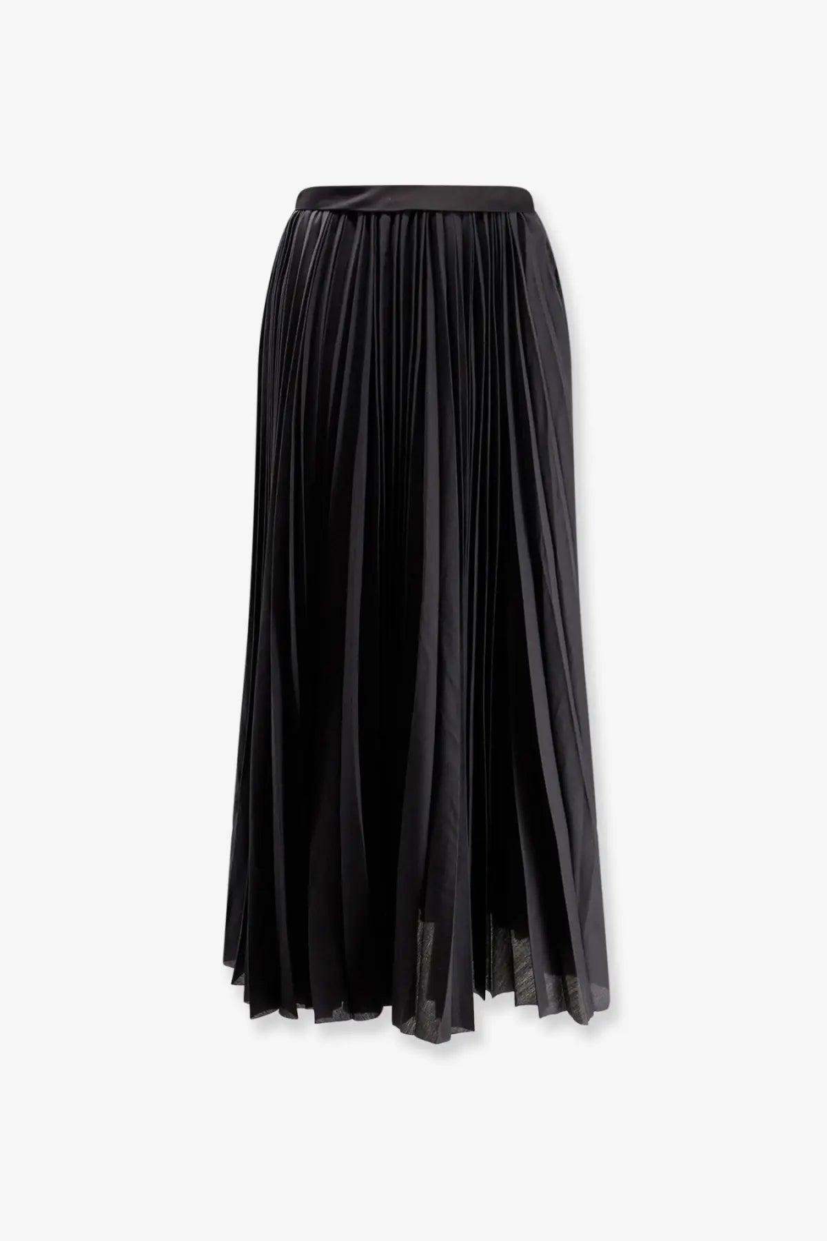 Black pleated midi skirt with smooth satin waistband and sheer mesh hem from r2w women’s arissto collection