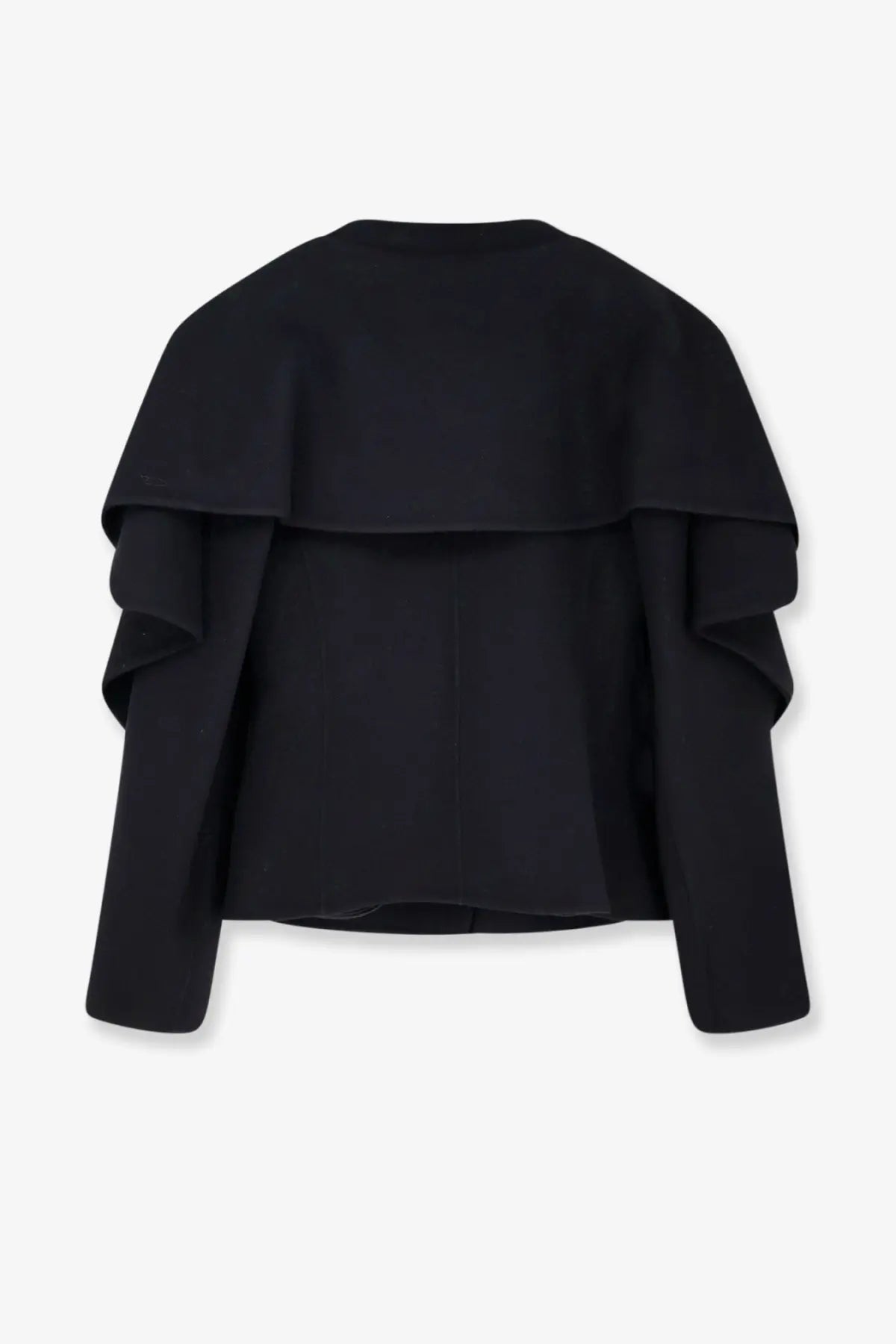 Black wool-blend capelet with layered ruffle sleeves and tailored silhouette from r2w women’s catran blazer