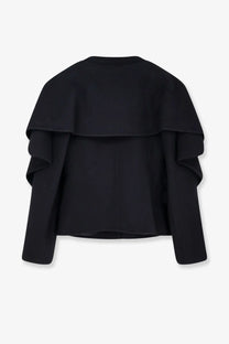 Black wool-blend capelet with layered ruffle sleeves and tailored silhouette from r2w women’s catran blazer