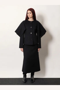 R2w women’s catran black wool and cashmere blazer with a cape-style design and wide structured sleeves