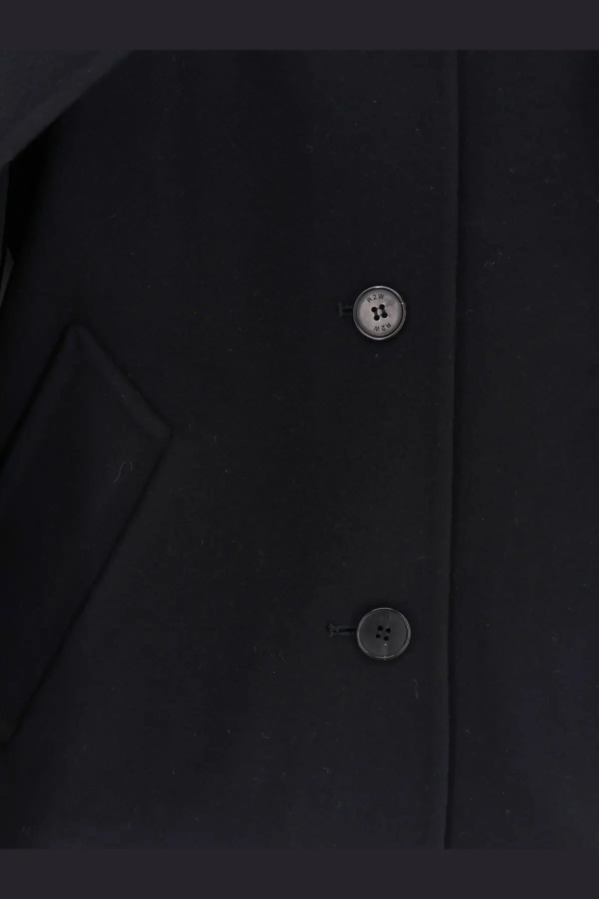 Black button with silver metallic finish and four-hole design on r2w womens catran wool and cashmere blazer black