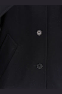 Black button with silver metallic finish and four-hole design on r2w womens catran wool and cashmere blazer black