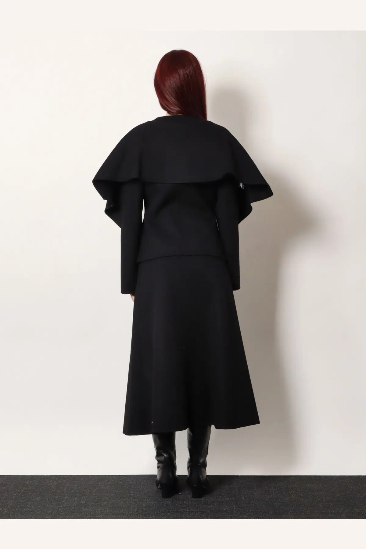 Black r2w women’s catran wool and cashmere blazer with layered ruffled sleeves and a flared skirt