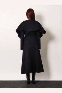 Black r2w women’s catran wool and cashmere blazer with layered ruffled sleeves and a flared skirt
