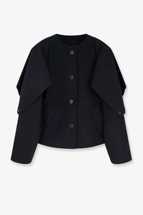 R2W women’s catran wool and cashmere black blazer with dramatic wide shoulder panels and front button closure