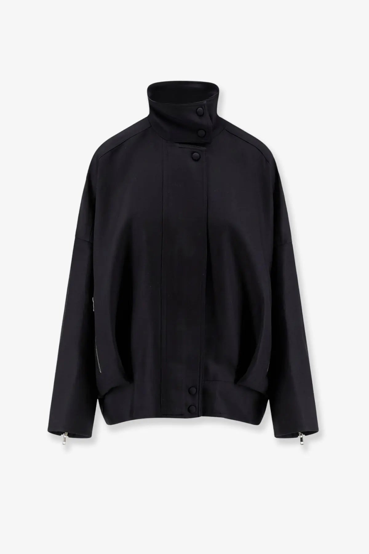 R2w women’s julio black wool and silk high-neck jacket with button closures and subtle side zippers