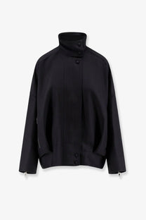 R2w women’s julio black wool and silk high-neck jacket with button closures and subtle side zippers