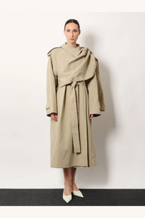 Beige linen and cotton trench coat with belted waist and draped shoulders by r2w women’s lumira line
