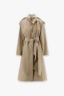 Beige linen and cotton trench coat with belted waist and structured shoulders from r2w women’s lumira line