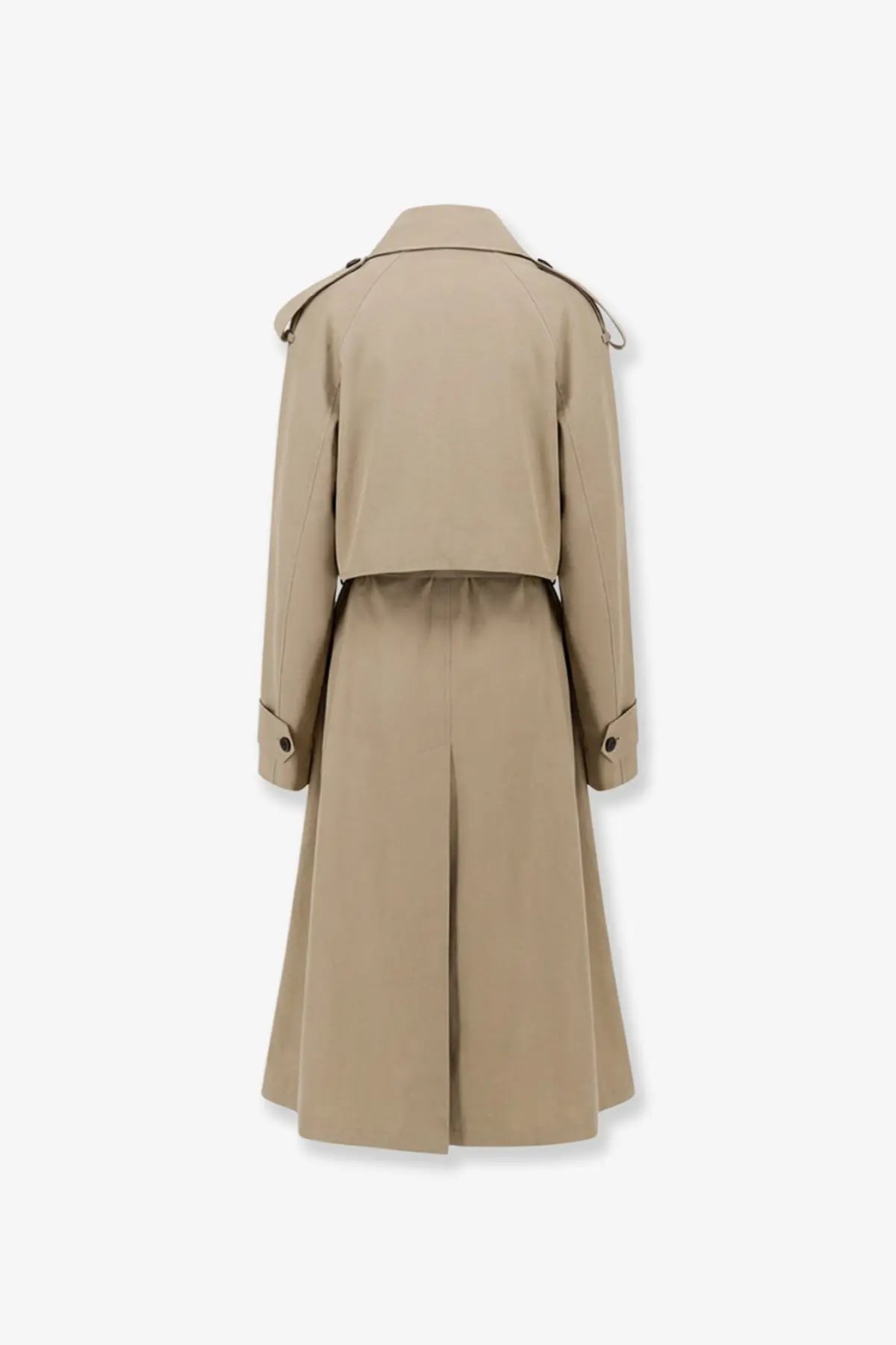 Beige trench coat with belted waist and structured shoulders made from linen and cotton by r2w women’s lumira