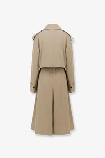 Beige trench coat with belted waist and structured shoulders made from linen and cotton by r2w women’s lumira
