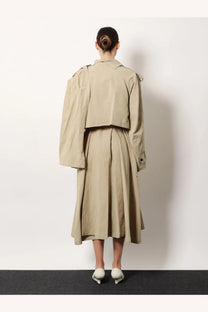 R2W women’s Lumira linen and cotton beige trench coat with wide structured shoulders and belted waist