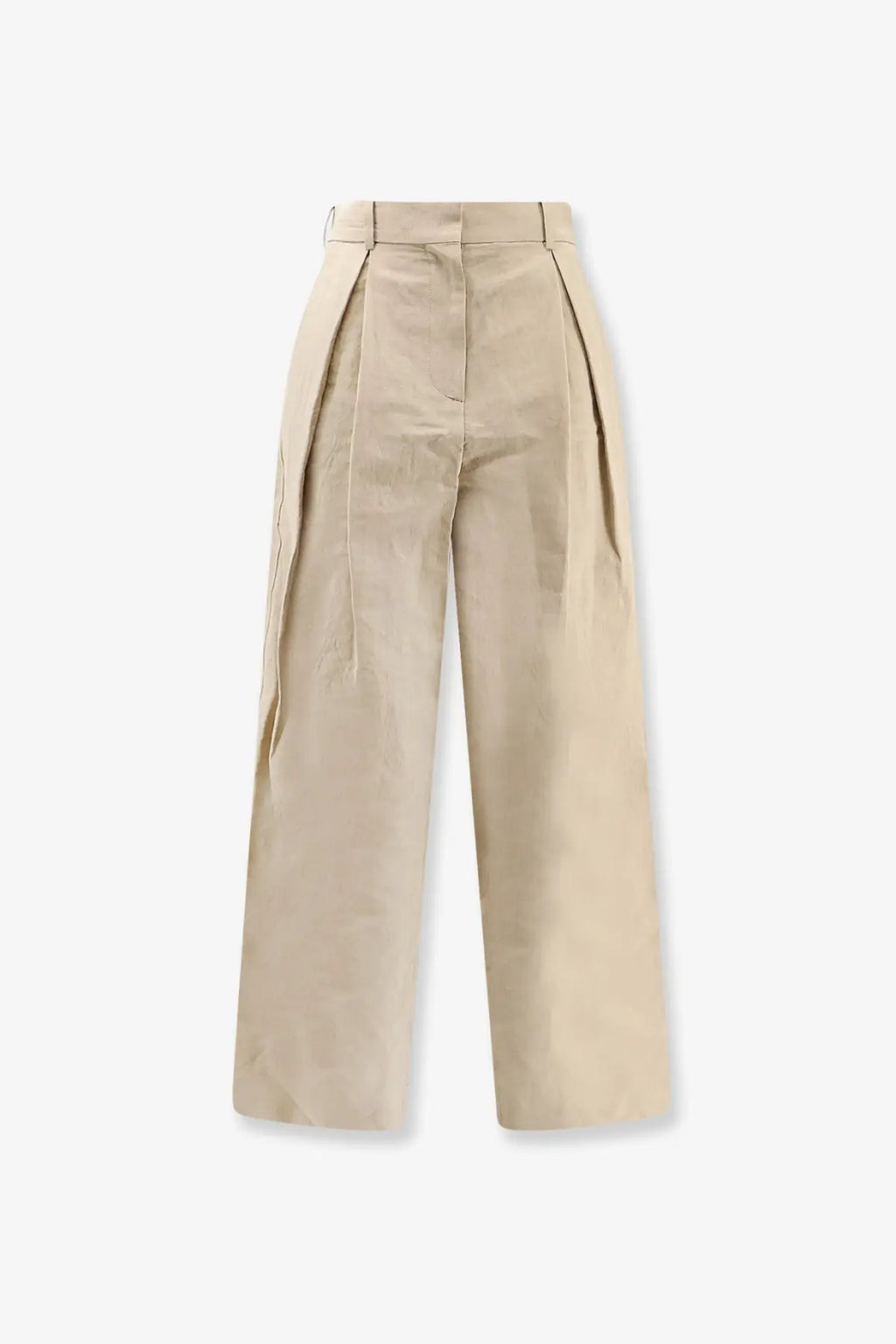 Beige high-waisted pleated wide-leg linen and cotton trousers with a clean structured silhouette by R2W Women’s Lumira