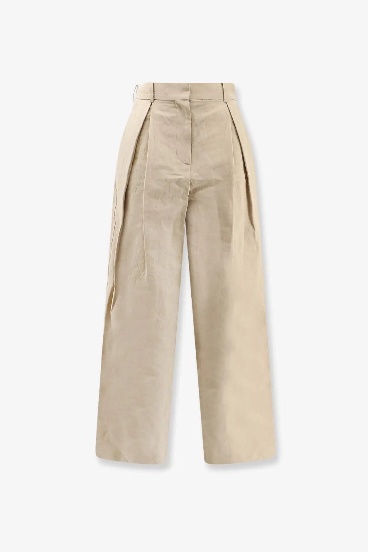Beige high-waisted pleated wide-leg linen and cotton trousers with a clean structured silhouette by R2W Women’s Lumira
