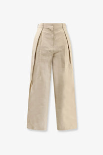 Beige high-waisted pleated wide-leg linen and cotton trousers with a clean structured silhouette by R2W Women’s Lumira