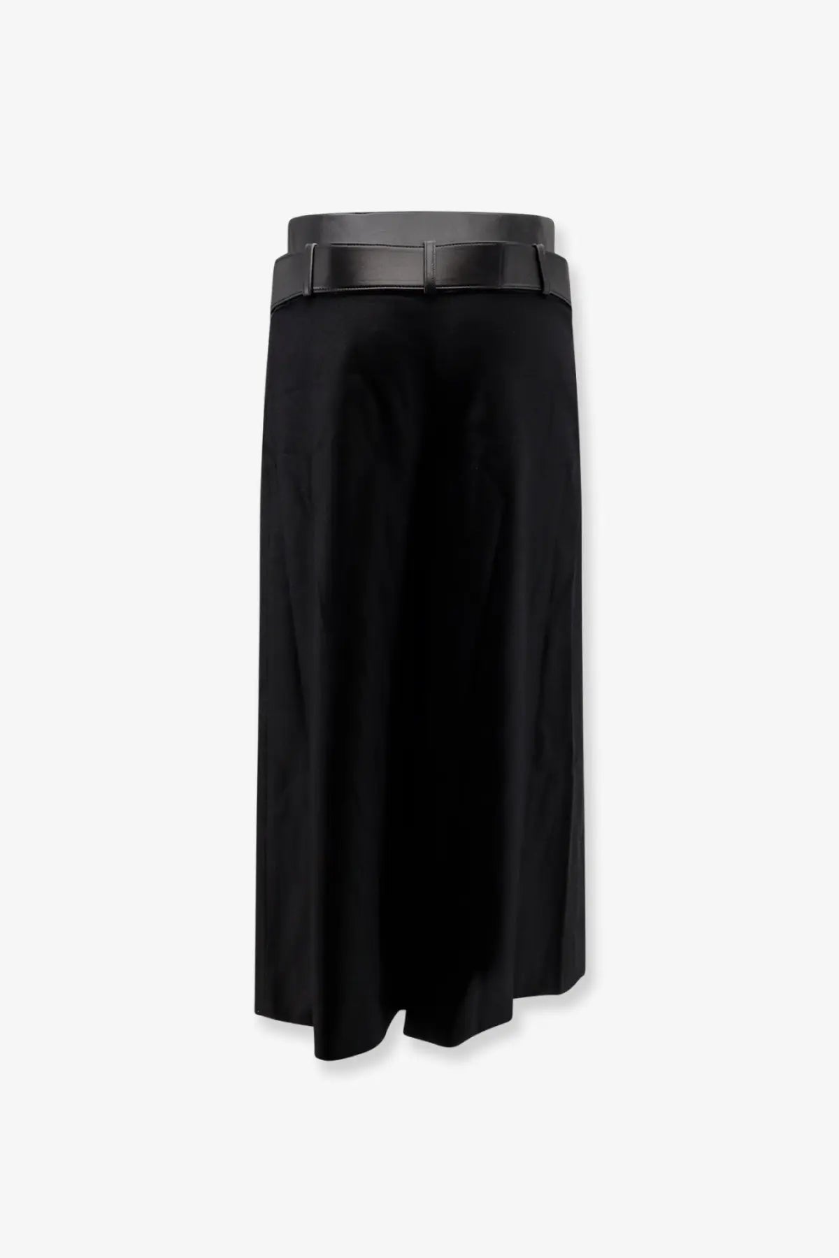 Black satin midi skirt with sleek wide black belt featured in r2w women’s nayla pleated wool trousers skirt black