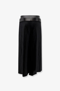 Black satin midi skirt with sleek wide black belt featured in r2w women’s nayla pleated wool trousers skirt black