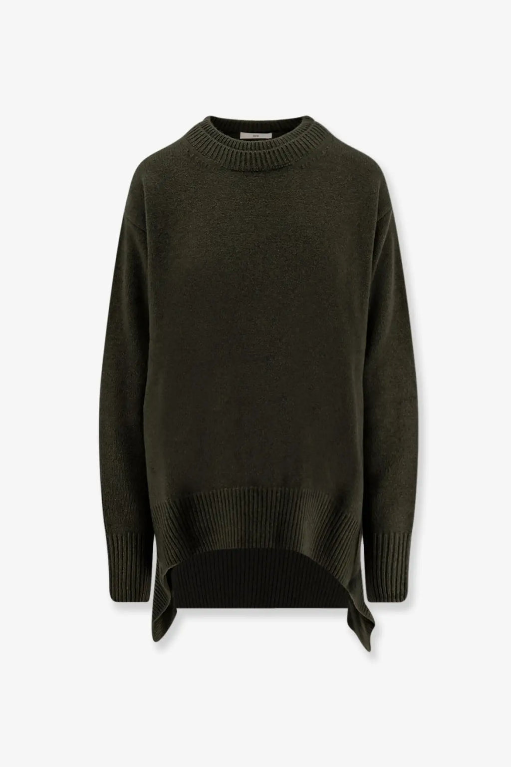 Olive green oversized knit wool and cashmere sweater with ribbed cuffs and asymmetrical hem by R2W women
