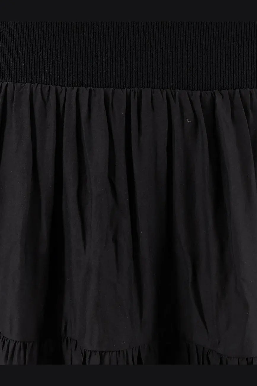 Black ruffled skirt with ribbed waistband part of r2w women’s pev off shoulder long dress in black