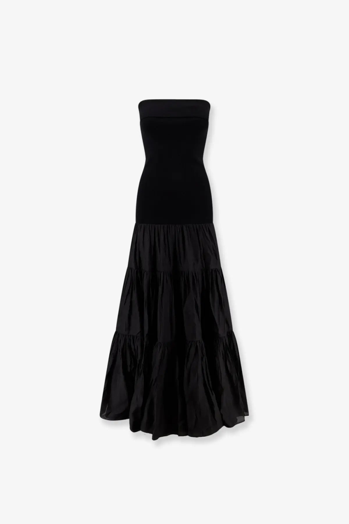 R2W women’s pev off shoulder long dress black with a black strapless fitted bodice and tiered maxi skirt