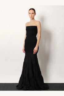 Black strapless mermaid gown with tiered ruffle skirt from r2w women’s pev off shoulder long dress black collection