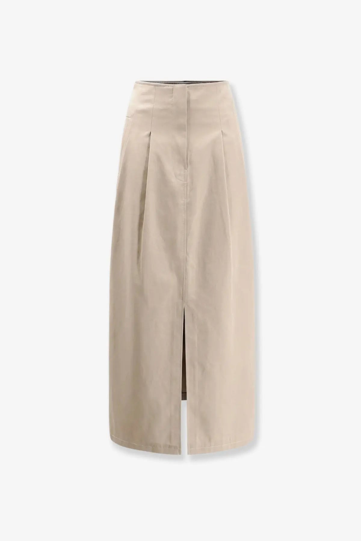 Beige high-waisted R2W womens Siona cotton long skirt with pleats and front slit for elegant casual wear