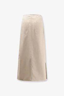 R2W women’s siona beige cotton mid-thigh skirt with two front patch pockets and side slit