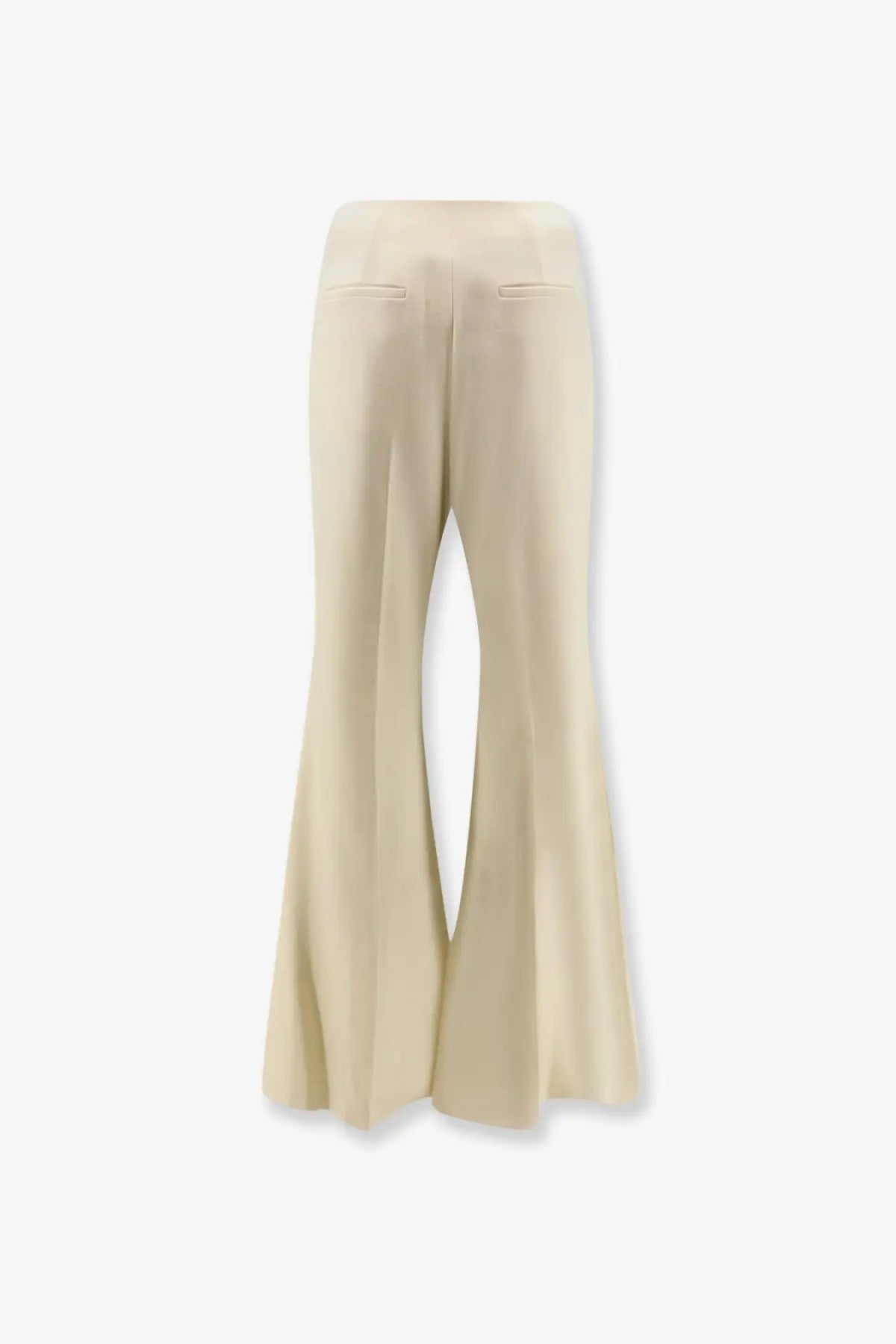 R2W women’s vonnie wool cream wide-leg trousers with flared hem and subtle back pockets shown from the back