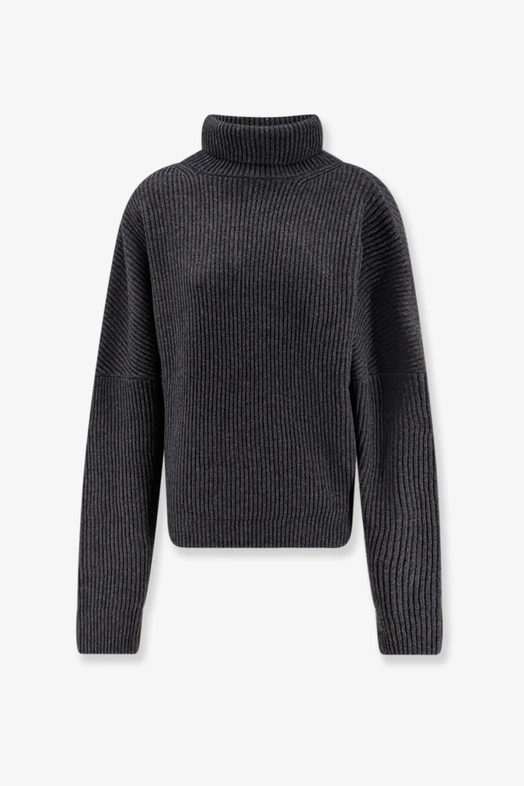 Dark gray ribbed knit turtleneck sweater with relaxed fit and vertical stitching from r2w wool and cashmere collection