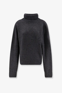 Dark gray ribbed knit turtleneck sweater with relaxed fit and vertical stitching from r2w wool and cashmere collection