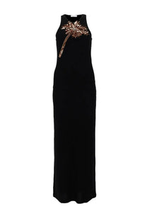 Rabanne women’s black sleeveless maxi dress with shimmering gold sequined palm tree detail at the neckline