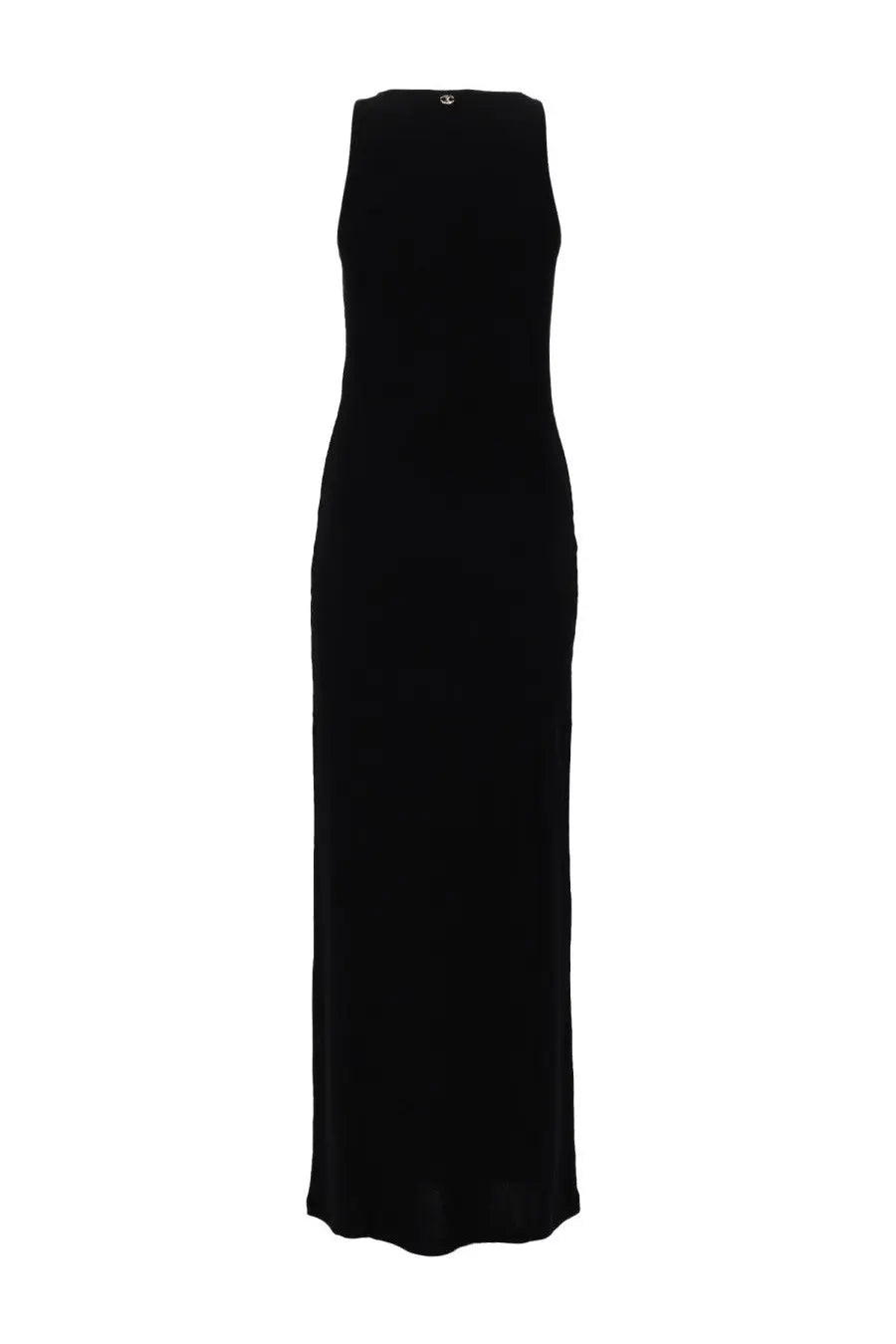 Black sleeveless maxi dress by rabanne with sleek form-fitting silhouette and subtle sheen in abito con dettaglio palma paillettes design