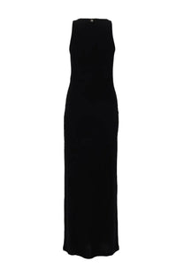 Black sleeveless maxi dress by rabanne with sleek form-fitting silhouette and subtle sheen in abito con dettaglio palma paillettes design