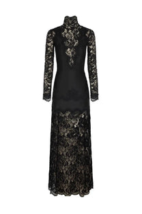 Elegant black lace gown rabanne women’s abito lungo in pizzo jersey with high neckline and long sleeves featuring floral patterns
