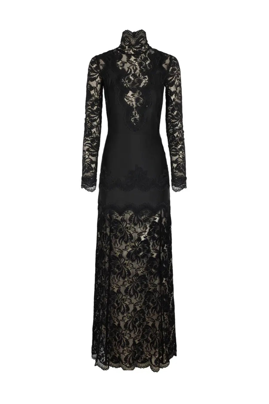 Elegant black lace gown rabanne women’s abito lungo in pizzo jersey with high neckline and intricate floral patterns