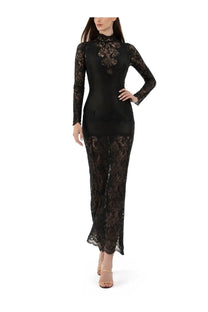 Rabanne women’s black lace midi dress in jersey with long sleeves and high neckline for elegant occasions