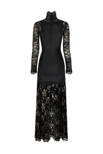 Rabanne women’s abito lungo in pizzo jersey black sleek black lace gown with long sleeves high neckline and floral patterns