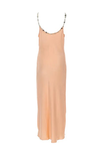 A peach-colored satin slip dress with delicate beaded straps from rabanne womens abito midi in raso blue collection