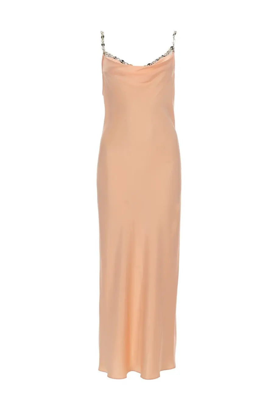 A peach-colored satin slip dress with delicate beaded straps from rabanne womens abito midi in raso blue collection