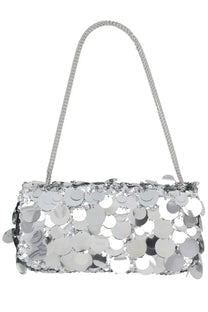Rabanne women’s borsa sparkle baguette silver clutch bag with shimmering silver sequins and matching chain strap