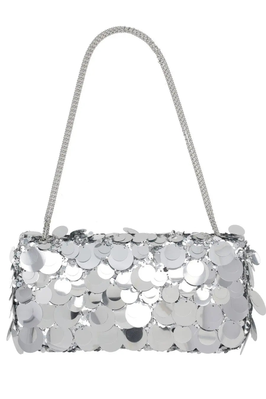 Rabanne women’s borsa sparkle baguette silver shimmering silver sequined clutch bag with matching chain strap