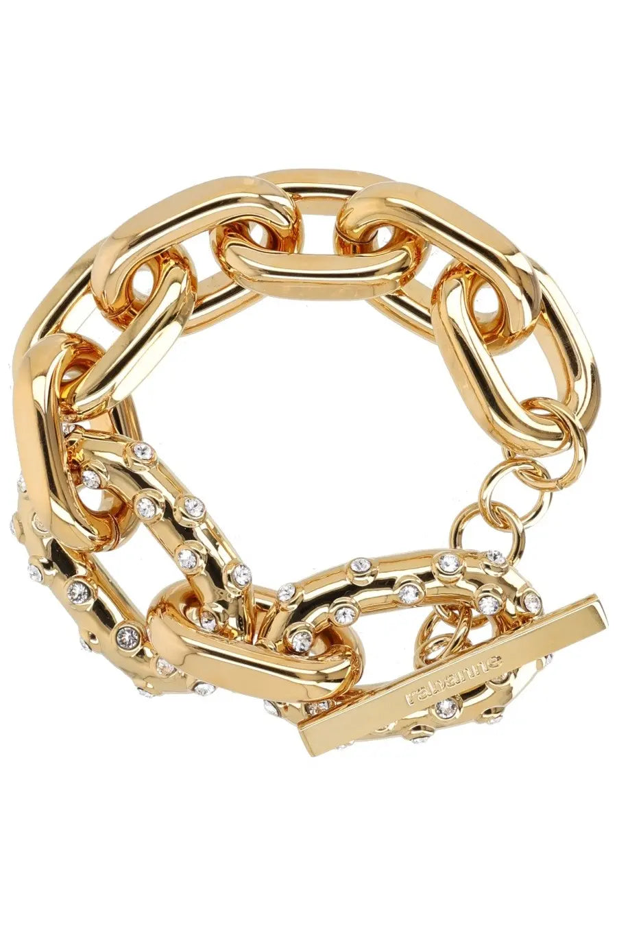Rabanne women’s bracciale xl link gold tone chain bracelet with crystal accents and fauxanne engraved toggle clasp