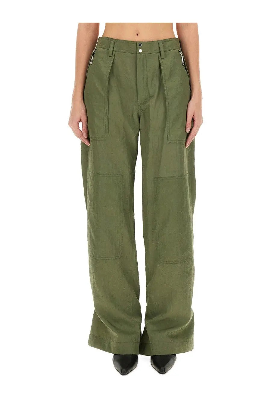Olive green wide-leg cargo pants with multiple pockets and zipper details from Rabanne women’s collection
