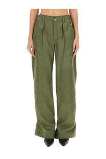 Olive green wide-leg cargo pants with multiple pockets and zipper details from Rabanne women’s collection
